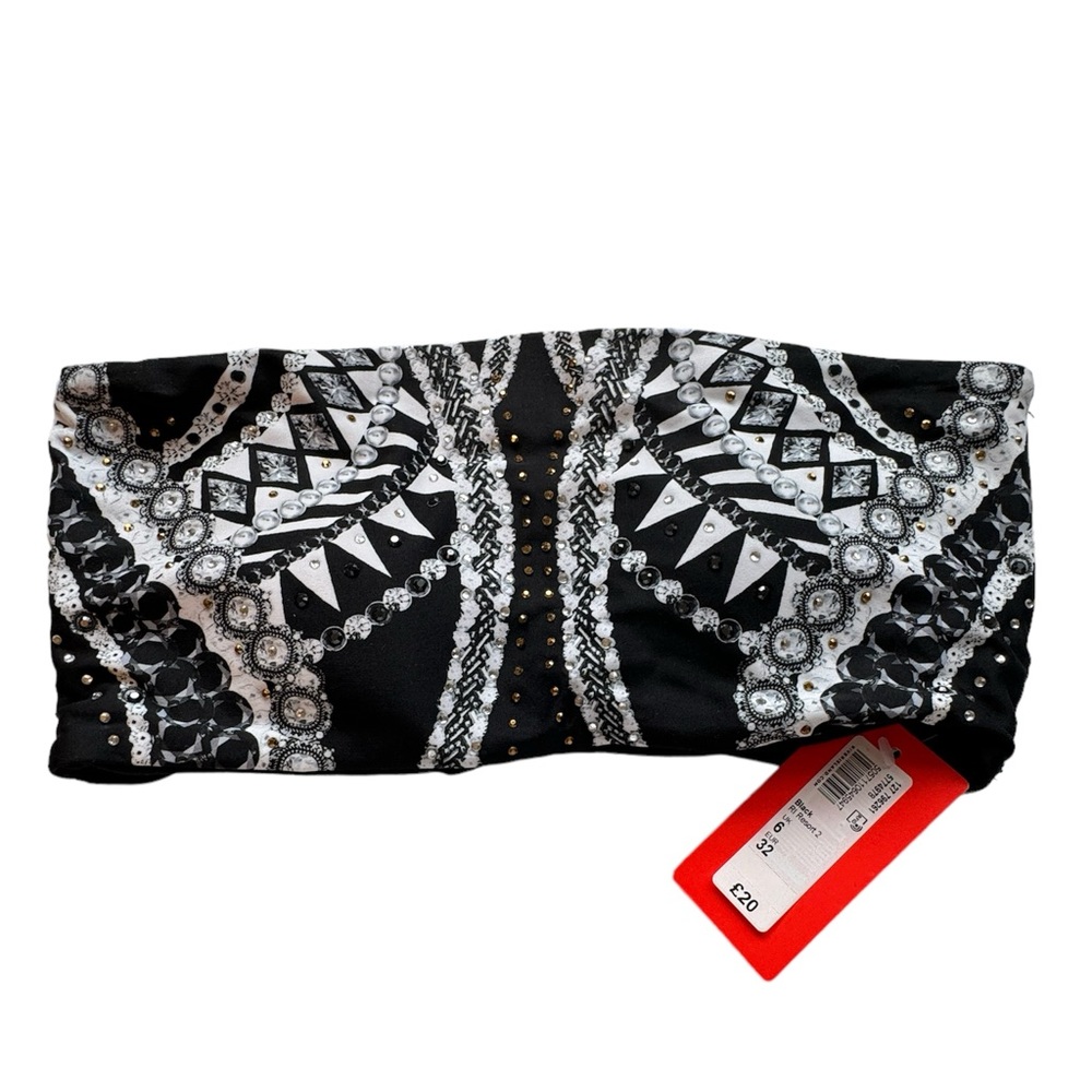 River Island Resort Black Rhinestone Embellished Bandeau Bikini Top Size 2 NEW